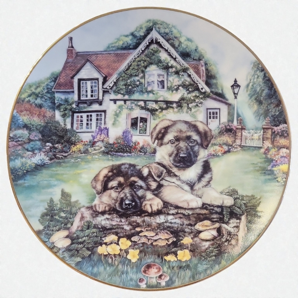 Vtg 94 Summertime Pals Cottage Puppies Karen George German Shepherd Plate Gold